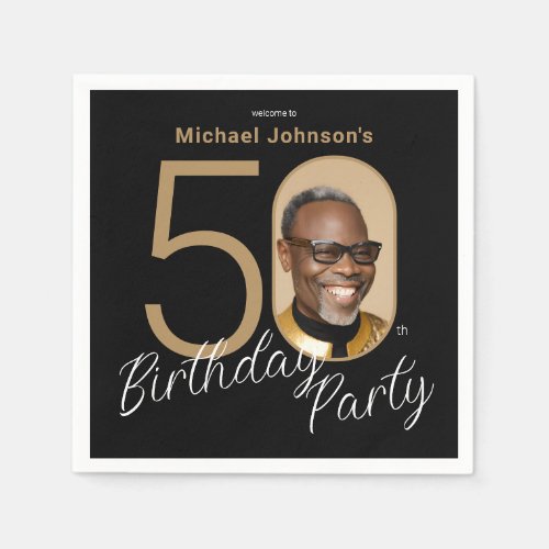 Photo Black Gold 50th Birthday  Napkins