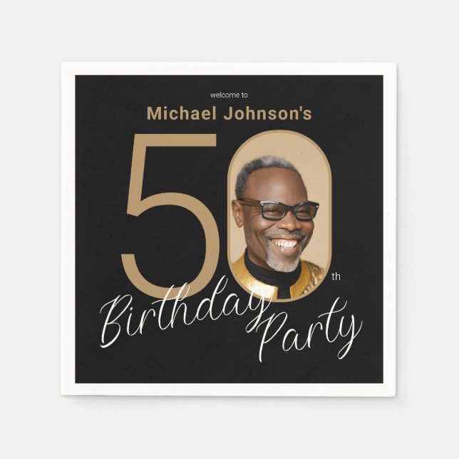 Photo Black Gold 50th Birthday  Napkins (Front)