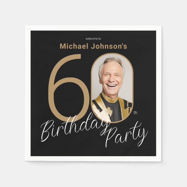 Photo Black Gold 60th Birthday  Napkins (Front)