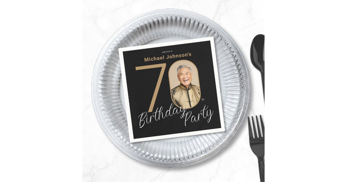 Photo Black Gold 70th Birthday Napkins | Zazzle