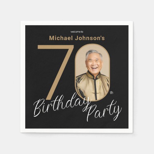 Photo Black Gold 70th Birthday  Napkins