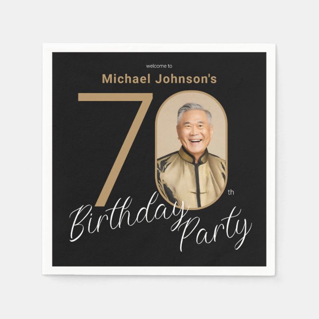 Photo Black Gold 70th Birthday  Napkins (Front)