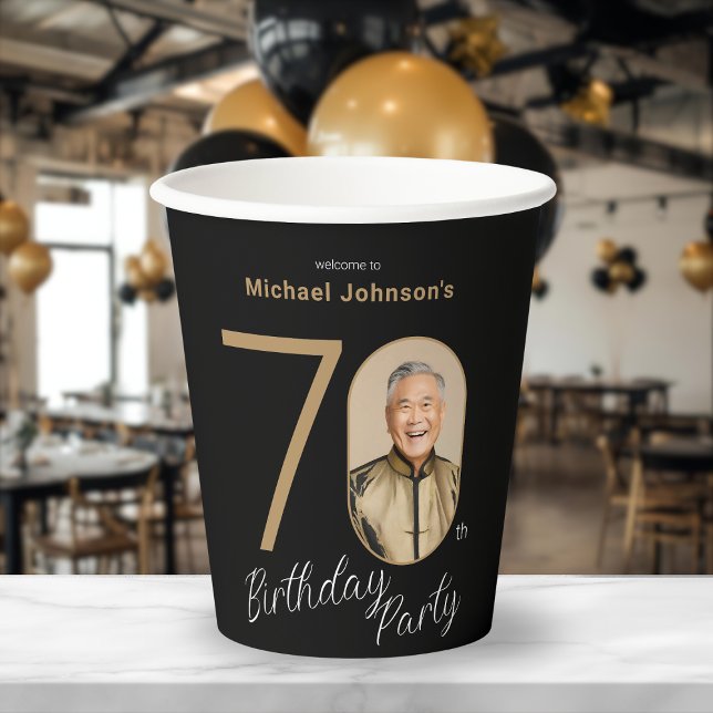 Photo Black Gold 70th Birthday  Paper Cups (Photo Black Gold 70th Birthday Paper Cups)