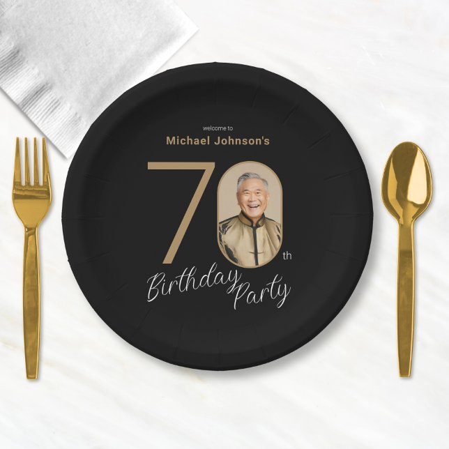 Photo Black Gold 70th Birthday  Paper Plates (Photo Black Gold 70th Birthday Paper Plates)