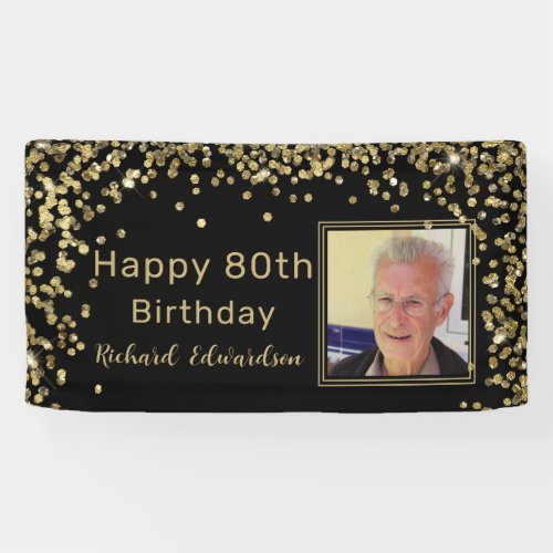 Photo Black Gold 80th Birthday Personalized  Banner