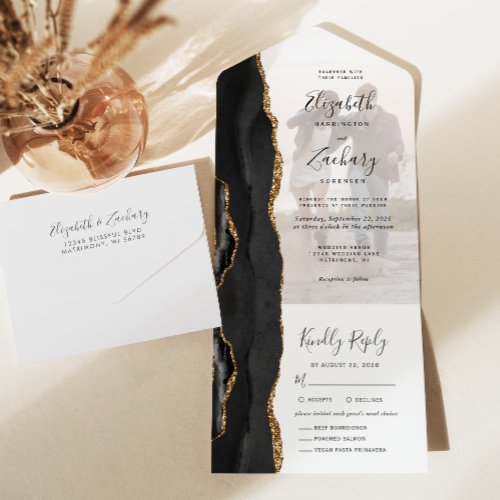 Photo Black Gold Agate Meal Choice Wedding All In One Invitation