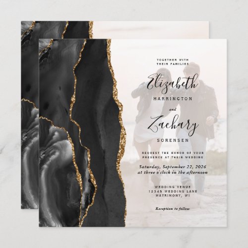 Photo Black Gold Agate Square Wedding Invitation