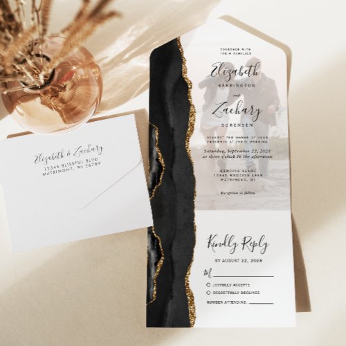 Photo Black Gold Agate Wedding All In One Invitation