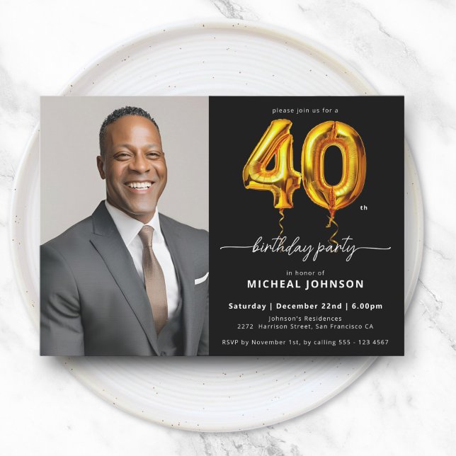 Photo Black Gold Balloon 40th Birthday Invitation (Photo Black Gold Balloon 40th Birthday Invitation)