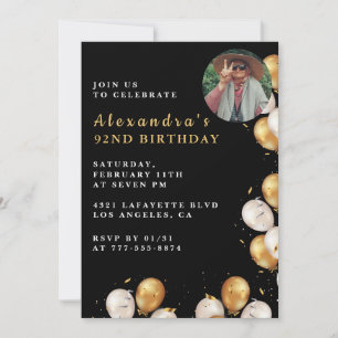 Photo Black Gold Balloon 92nd birthday Invitation