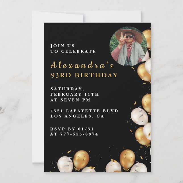 Photo Black Gold Balloon 93rd birthday Invitation (Front)