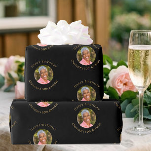 Photo Black Gold Birthday Wrapping Paper
