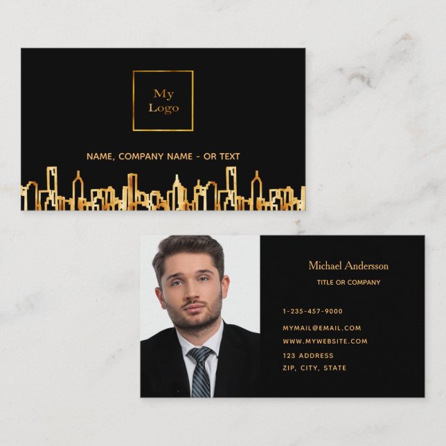 Photo black gold city skyline business real estate card (Front/Back)