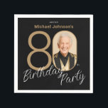 Photo Black Gold Elegant Custom 80th Birthday  Napkins<br><div class="desc">Photo Black Gold Elegant Custom 80th Birthday Napkins. Elevate your milestone celebration with an invitation design that epitomizes understated elegance and chic minimalism. Our black and gold theme exudes sophistication, creating a refined atmosphere for your special day. The custom photo feature adds a personalized touch, ensuring that each invitation is...</div>