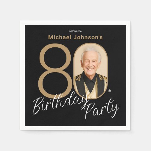 Photo Black Gold Elegant Custom 80th Birthday  Napkins