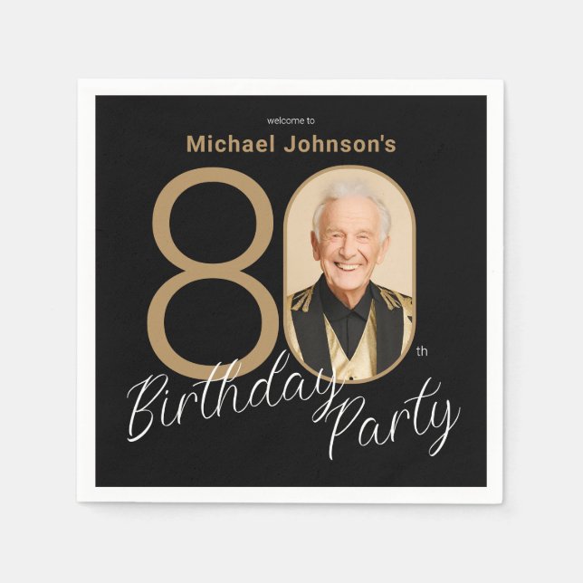 Photo Black Gold Elegant Custom 80th Birthday  Napkins (Front)