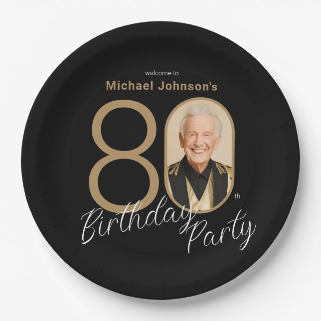 Photo Black Gold Elegant Custom 80th Birthday  Paper Plates (Front)