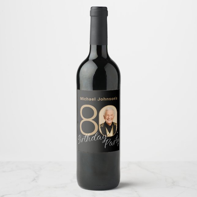 Photo Black Gold Elegant Custom 80th Birthday  Wine Label (Front)