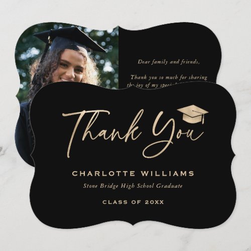 Photo Black Gold Foil Graduation Cap Elegant Thank You Card