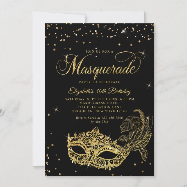Photo Black Gold Glitter Masquerade Birthday Invitation (Front)