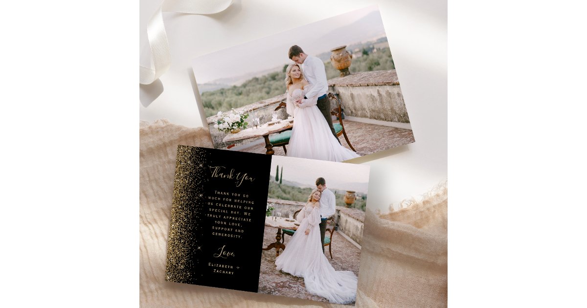 Photo Black Gold Glitter Script Wedding Thank You Card | Zazzle