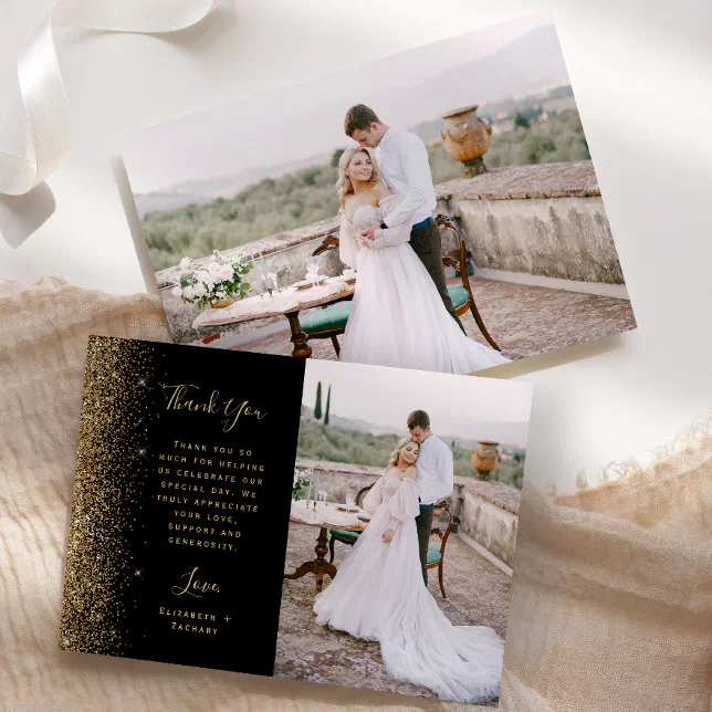 Photo Black Gold Glitter Script Wedding Thank You Card | Zazzle