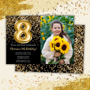 Photo Black Gold Kids 8th Birthday Party Invitation