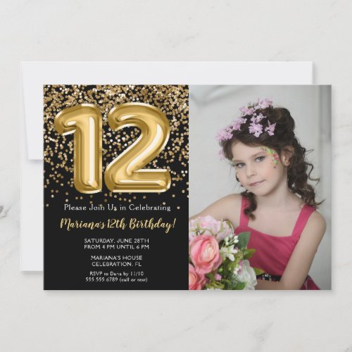 Photo Black Gold Kids Girl 12th Birthday Party Invitation