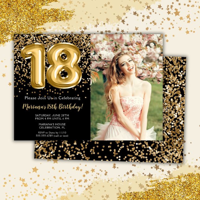 Photo Black Gold Kids Girl 18th Birthday Party Invitation (Creator Uploaded)