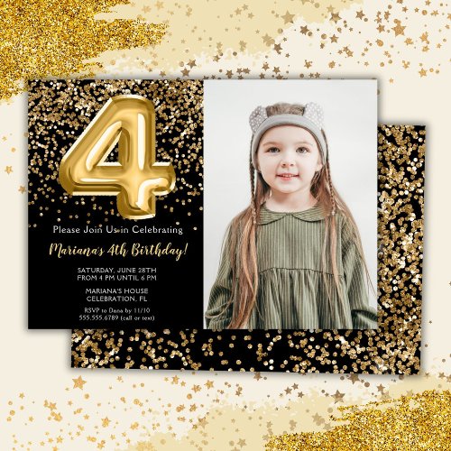 Photo Black Gold Kids Girl 4th Birthday Party Invitation