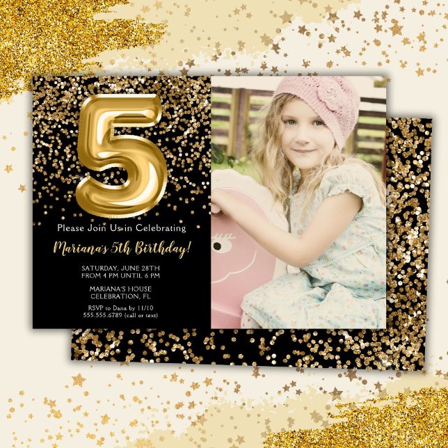 Photo Black Gold Kids Girl 5th Birthday Party Invitation (Creator Uploaded)