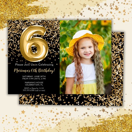 Photo Black Gold Kids Girl 6th Birthday Party Invitation