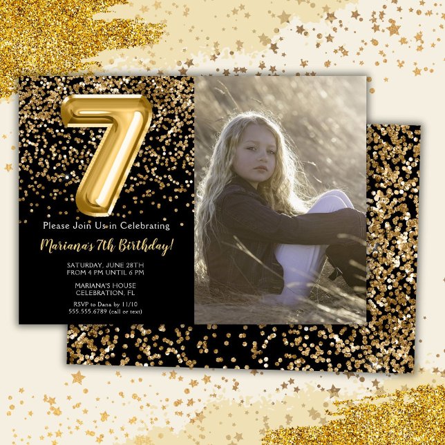 Photo Black Gold Kids Girl 7th Birthday Party Invitation (Creator Uploaded)