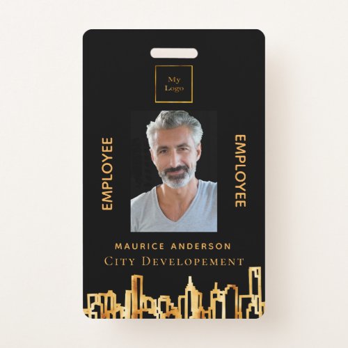 Photo black gold logo city skyline employee badge