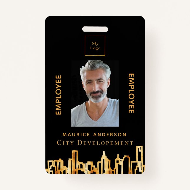 Photo black gold logo city skyline employee badge (Front)