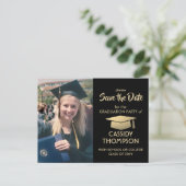 Photo Black & Gold Modern Graduation Save the Date Postcard (Standing Front)
