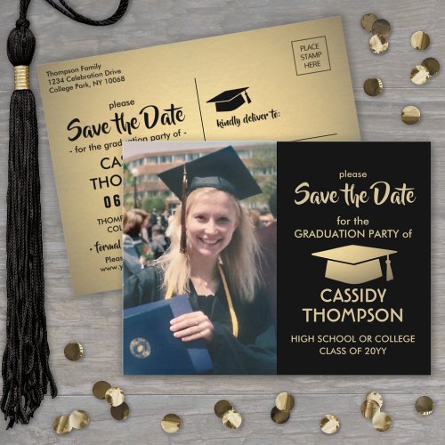Photo Black  Gold Modern Graduation Save the Date Postcard