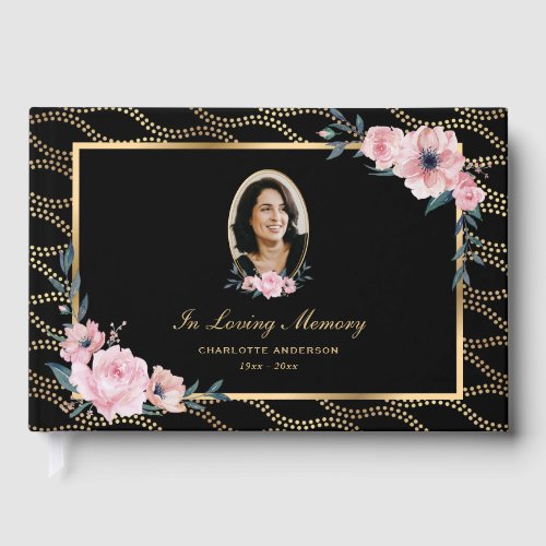 Photo Black Gold Pink Floral Funeral Memorial Guest Book