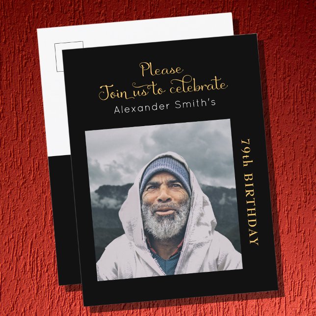 Photo Black Gold Script Birthday Invitation Postcard (Creator Uploaded)