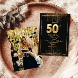 Photo Black Gold Typography Fifty 50th Birthday Invitation