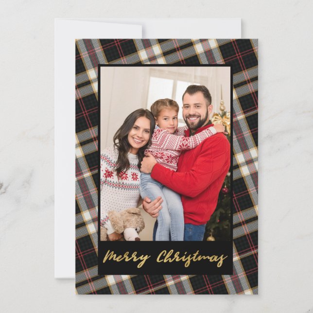 Photo Black Gray Plaid Gold Script Christmas Holiday Card (Front)