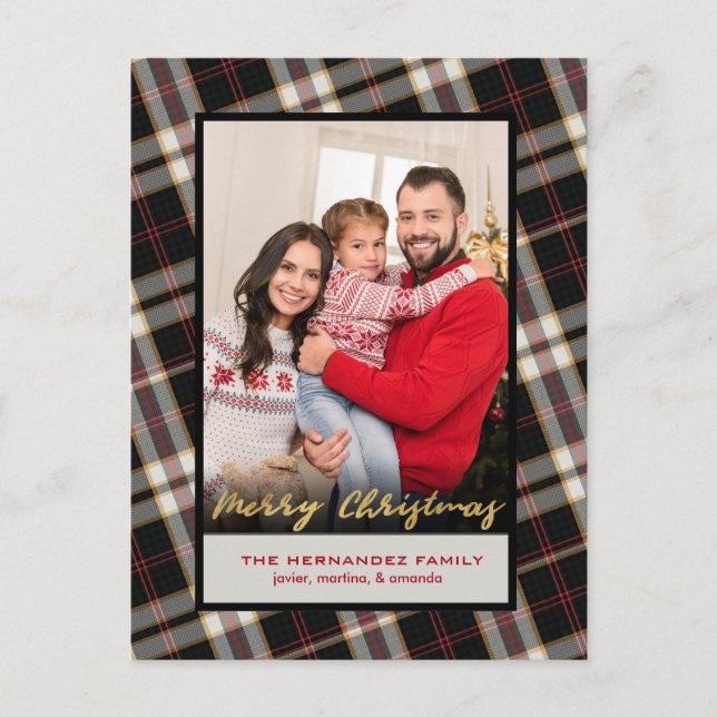 Photo Black Gray Plaid Gold Script Christmas Holiday Postcard (Front)