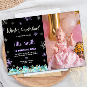 Photo Black Green Floral Winter ONEderland Invitation