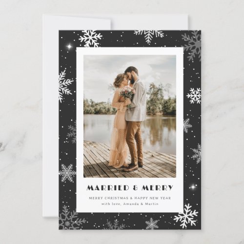 Photo Black Married and Merry Snowflake Photo Holiday Card