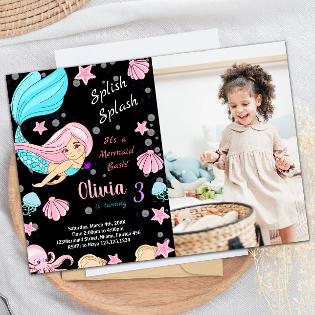 Photo Black Mermaid Birthday Invitations (Photo Black Mermaid Birthday Invitations)