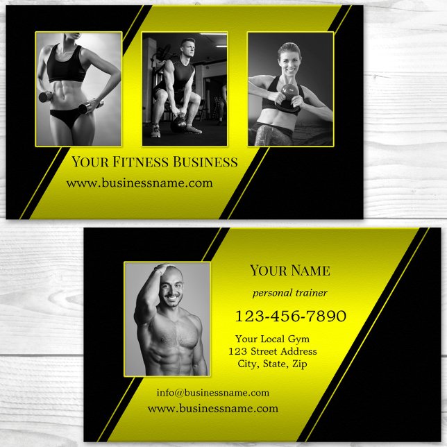 Photo Black Neon Yellow Personal Trainer Fitness Business Card (Custom photos neon yellow and black professional fitness personal trainer business card)