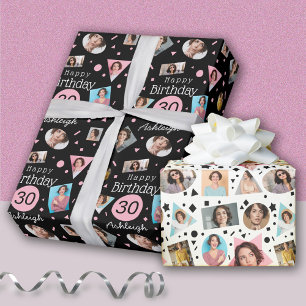 Photo Black Pink Confetti Name 30th Birthday Wrapping Paper