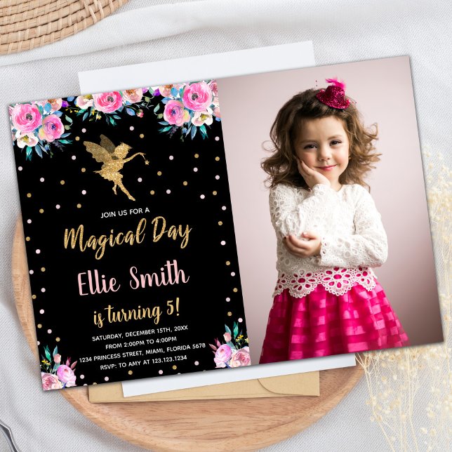 Photo Black Pink Floral Fairy Birthday Invitations (Photo Black Pink Floral Fairy Birthday Invitations)