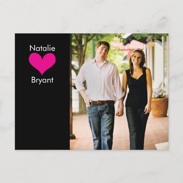 Photo Black/Pink Heart Save the Date Postcard 2 (Front)