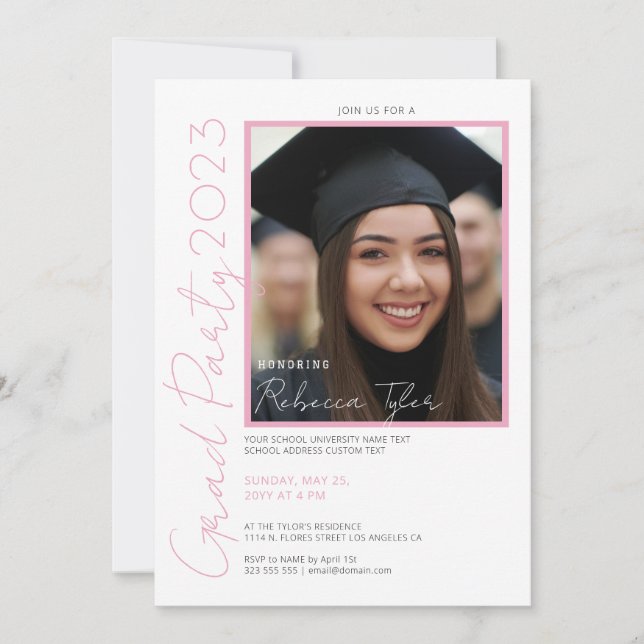 Photo, Black & Pink Text Grad Party Invite (Front)